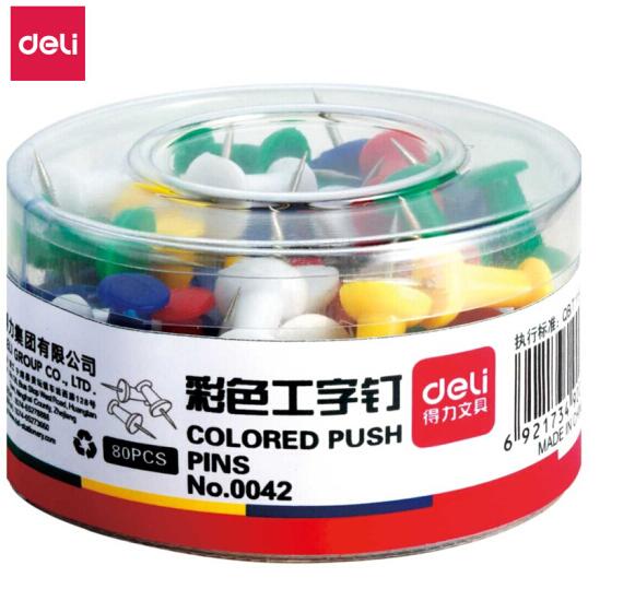 得力(deli)0042  彩色工字釘 軟木畫(huà)板按釘 繪畫(huà)圖釘 80枚/筒 會(huì)議展示 辦公用品
