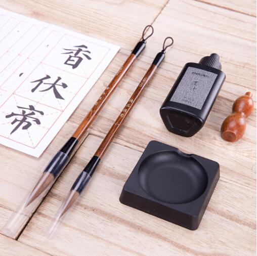得力(deli)74290 文房四寶書法精巧套裝 字帖成人(毛筆/墨水/墨碟/葫蘆形筆架/字帖) 練字帖毛筆 初學入門款