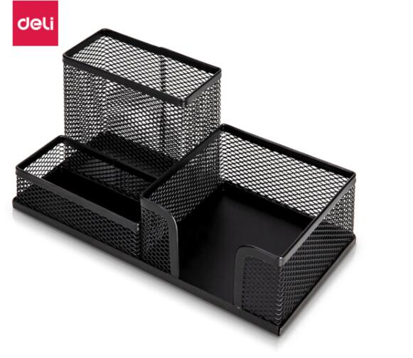 得力(deli)9175  金屬網紋筆筒 多功能三格桌面收納 辦公用品 黑色