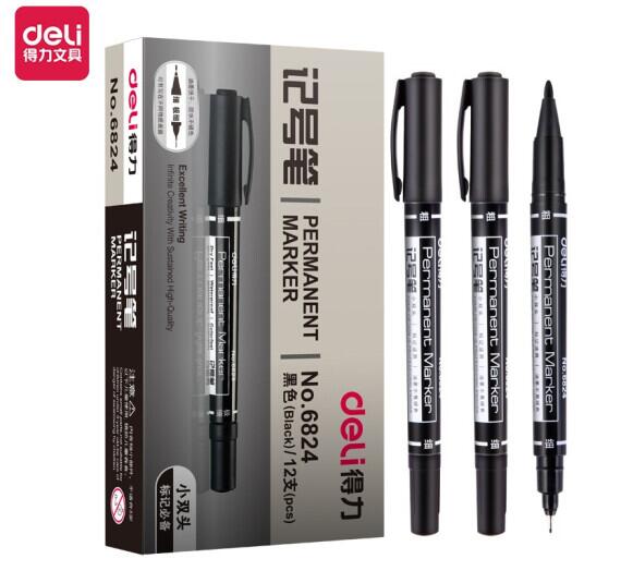得力(deli)6824 黑色雙頭多用油性記號筆簽字筆 勾線筆會議筆馬克筆12支/盒